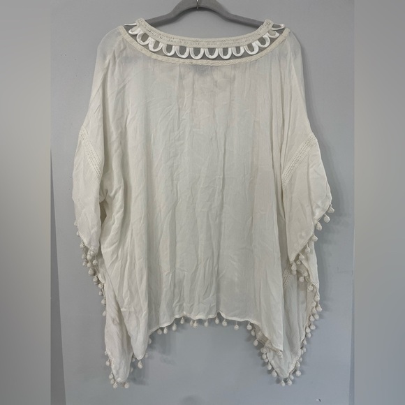 New! Ella Moss Sm/XS white with cream pompom embroidery and fringe caftan top - Picture 4 of 4